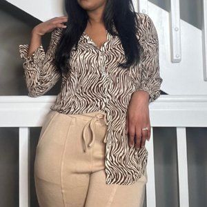 Brown Zebra Button Down Women Shirt